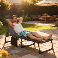 Outsunny Portable Sun Lounger, Folding Camping Bed Cot, Reclining Lounge Chair 5-position Adjustable Backrest with Side Pocket, Pillow for Patio Garden Beach Pool, Black(m-2)