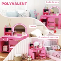 AIYAPLAY Masă de machiaj pentru copii cu taburet și oglindă LED, masă de machiaj pentru 3-8 ani, 88,6 x 38,8 x 96,9 cm, roz(m-4)