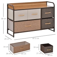 HOMCOM Comodă pentru Dormitor cu 5 Sertare Pliabile, Blat din Lemn și Cadru Metalic 87,5x29x58 cm Multicolor(m-3)