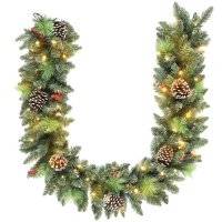 HOMCOM Ghirlanda Natalizia 180 cm con Rami Innevati e 30 Luci Bianche, Pigne e Bacche per Interni(m-11)