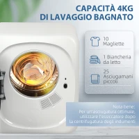HOMCOM Asciugatrice a ventilazione elettrica 800 W 4 Kg con 5 modalità di asciugatura, tamburo in acciaio inossidabile, carica frontale(m-7)
