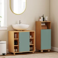 HOMCOM Corp sub lavoar, mobilier de baie cu 6 rafturi deschise și ușă cu închidere amortizată 60 x 33 x 57 cm, verde(m-6)