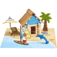 La Cabane de Plage 55 Pieces - JEUJURA - Jeu de Construction en Bois Naturel, Tapis et Accessoires Inclus, 22x18,5x8,5 cm(m-2)