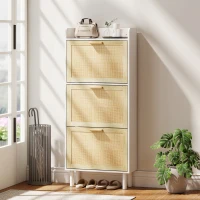HOMCOM Dulap pentru pantofi 3 uși rabatabile etajeră efect rășină împletită design boem 65 x 24,5 x 153 cm alb(m-6)