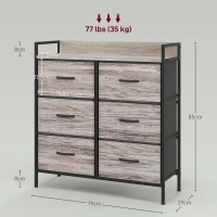 HOMCOM Comodă, mobilier de depozitare pentru dormitor cu 6 sertare din material nețesut, cadru din oțel, 79 x 29 x 85 cm, efect lemn gri(m-3)