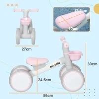 AIYAPLAY Bicicletă de echilibru pentru copii 4 roți șa reglabilă, ghidon ergonomic aliaj aluminiu PP, copii 1-3 ani - Gri Alb Roz(m-3)