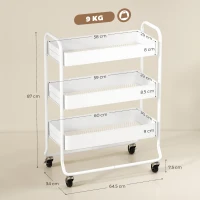 HOMCOM 3-Tier Storage Trolley on Wheels, Rolling Utility Cart with Mesh Backets for Kitchen, Bathroom, Bedroom, White(m-3)