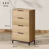 HOMCOM Comodă înaltă pentru dormitor cu 4 sertare, mânere metalice, comodă îngustă pentru living/hol 62x35x105 cm Natural(m-3)