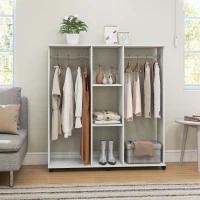 HOMCOM Dulap-penderie mobilier de depozitare mobil 6 roți 120 x 40 x 128 cm din lemn alb(m-5)