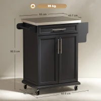 Homcom Mobiletto Carrello da Cucina con Piano in Acciaio, Nero, 83.5x45.7x90.5cm(m-3)