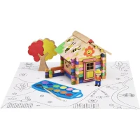 Chalet a Peindre 85 Pieces - JEUJURA - Jeu de Construction en Bois Naturel, Accessoires et Peinture Inclus, 26x24x9 cm(m-1)