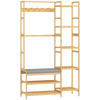 HOMCOM Porte-manteaux avec étagère à chaussures, crochets, porte-manteaux, banc avec coussin, pour couloir, entrée, bois naturel(m-4)