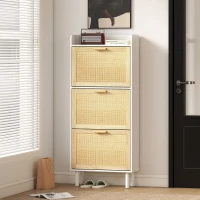 HOMCOM Dulap pentru pantofi 3 uși rabatabile etajeră efect rășină împletită design boem 65 x 24,5 x 153 cm alb(m-4)