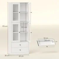 HOMCOM Buffet haut cuisine, armoire de cuisine avec portes vitrées, tiroirs et étagères réglables, 59x30x170cm, blanc brillant(m-3)