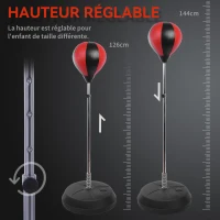 HOMCOM Sac de Frappe sur Pied Punching ball sur pied réglable en hauteur 126-144 cm avec gants, pompe et base de lestage pour enfants et débutants noir et rouge(m-6)