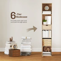 HOMCOM 6-Tier Bookcase, Tall Narrow Bookshelf with Drawer and Door - Natural Wood Finish(m-4)