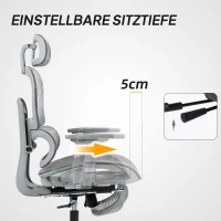 HOMCOM Bürostuhl, Ergonomischer Schreibtischstuhl mit Netzstoffbezug, verstellbar, rollbar, mit Armlehnen, Kopfstütze, Grau(m-5)