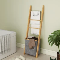 HOMCOM Suport prosoape din bambus cu coș de rufe, scară suport pentru prosoape cu 1 coș de rufe, 43 x 35 x 133 cm, gri(m-6)