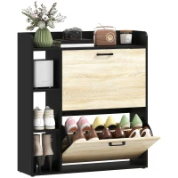 HOMCOM Scarpiera Slim con 2 Cassetti Ribaltabili e 3 Vani Aperti, Capacità 15 Scarpe, 83x24x90.5 cm, Nero(m-11)