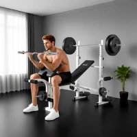 HOMCOM Ławka treningowa z podporą na sztangę, pressą klatki piersiowej, maszyną do nóg, podłokietnikiem do uginania bicepsów, stal, czarny+biały(m-3)