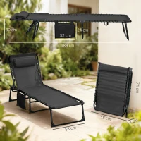 Outsunny Portable Sun Lounger, Folding Camping Bed Cot, Reclining Lounge Chair 5-position Adjustable Backrest with Side Pocket, Pillow for Patio Garden Beach Pool, Black(m-3)