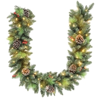 HOMCOM Ghirlanda Natalizia 180 cm con Rami Innevati e 30 Luci Bianche, Pigne e Bacche per Interni