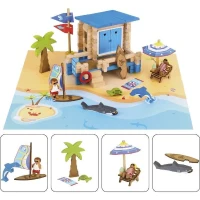 Journée a la Plage 120 Pieces - JEUJURA - Jeu de Construction en Bois Naturel, Tapis et Accessoires Inclus, 32x27x11 cm(m-3)