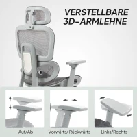HOMCOM Bürostuhl, Ergonomischer Schreibtischstuhl mit Netzstoffbezug, verstellbar, rollbar, mit Armlehnen, Kopfstütze, Grau(m-7)