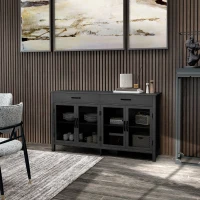 HOMCOM Bufet jos mobilier de depozitare 4 uși cu polițe reglabile și 2 sertare stil industrial 150 x 40 x 85 cm negru(m-6)