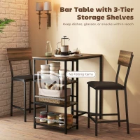 HOMCOM Masă de Bar cu 3 Rafturi și 2 Scaune cu Suport pentru Picioare și Spătar, din Lemn și Oțel, Negru și Nuc(m-4)