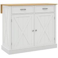HOMCOM Insulă de bucătărie Cărucior de bucătărie cu blat pliabil din lemn 2 uși 2 sertare raft reglabil și 4 roți 105x60x90,5 cm Alb(m-7)