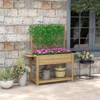 Outsunny Jardinière rectangulaire sur pieds avec treillis 2 tablettes latérales rabattables 1 étagère inférieure bois(m-10)