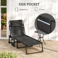 Outsunny Portable Sun Lounger, Folding Camping Bed Cot, Reclining Lounge Chair 5-position Adjustable Backrest with Side Pocket, Pillow for Patio Garden Beach Pool, Black(m-7)