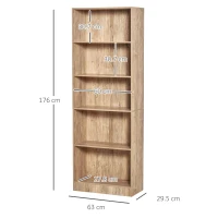 HOMCOM Bibliotecă Etajeră cu 5 Niveluri pentru Cărți cu 3 Rafturi Reglabile Antirăsturnare Depozitare pentru Living Birou Studiu 63x29,5x176 cm Lemn Natural(m-3)