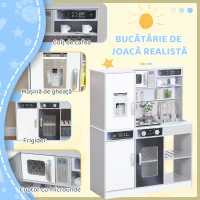 AIYAPLAY Set de Bucătărie de Jucărie din Lemn cu Aragaz cu Lumini și Sunete, Chiuvetă cu Circulație a Apei și Accesorii, Alb(m-5)