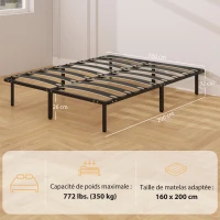 HOMCOM Cadre de lit 160 x 200 cm, lit 2 personnes avec sommier à lattes en bois massif et pied, avec rangement au-dessous, noir(m-3)