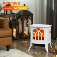 HOMCOM Șemineu electric pe picior 750/1500 W, șemineu decorativ cu efect flacără LED, 37,3 x 23,1 x 44 cm, alb(m-3)