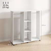 HOMCOM Dulap-penderie mobilier de depozitare mobil 6 roți 120 x 40 x 128 cm din lemn alb(m-3)