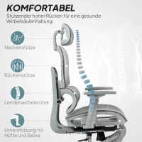 HOMCOM Bürostuhl, Ergonomischer Schreibtischstuhl mit Netzstoffbezug, verstellbar, rollbar, mit Armlehnen, Kopfstütze, Grau(m-4)