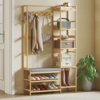 HOMCOM Appendiabiti con scarpiera, ganci per vestiti, attaccapanni, panca con cuscino, Legno naturale(m-2)