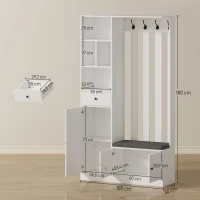 HOMCOM Armoire vestiaire 180 cm avec porte-vêtements, banc à chaussures, 4 crochets, étagères ouvertes, MDF, Blanc(m-2)