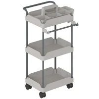 HOMCOM Carrello da Cucina con Ruote a 3 Livelli, con Cesti Esraibili e Porta Asciugamani Grigio(m-1)