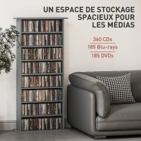 HOMCOM Rangements pour CD et DVD avec 8 compartiments et 6 étagères réglables, capacité max. 360 CD/185 DVD et Blu-ray, gris(m-4)