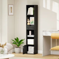 HOMCOM 6-Tier Bookcase, Tall Narrow Bookshelf with Drawer and Door - Black(m-9)