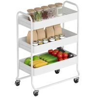 HOMCOM 3-Tier Storage Trolley on Wheels, Rolling Utility Cart with Mesh Backets for Kitchen, Bathroom, Bedroom, White(m-10)