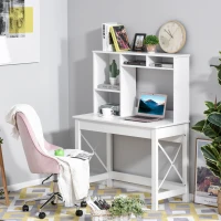 HOMCOM Birou cu depozitare birou bibliotecă birou din lemn modern cu rafturi și blat mare pentru spații mici birou acasă dormitor, 105 x 50 x 137,5 cm, alb(m-6)