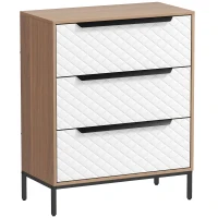 HOMCOM Commode 3 tiroirs en tissu Façades motif diamant pour salon bureau dressing naturel et blanc(m-7)