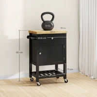 HOMCOM Servantă de bucătărie pe roți, cărucior de servire, blat din lemn de hevea, sertar, 63,5 x 40 x 90 cm, negru(m-3)