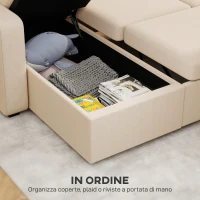 HOMCOM Divano Letto Angolare con Vano Contenitore, Rivestimento in Velluto a Coste e 2 Cuscini, 205x135x76 cm, Beige(m-6)