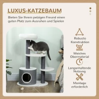 PawHut Kratzbaum mit 1 Katzenhöhle, 1 Katzenbett, 2 Plattformen, Jute-Seilspfosten, Weiß + Grau(m-4)